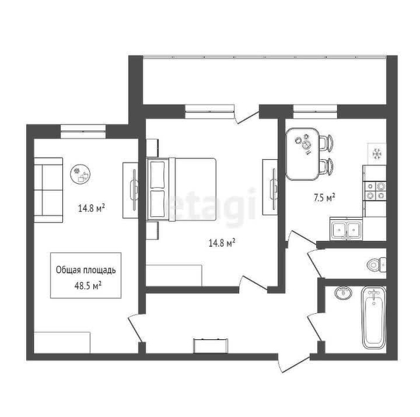 
  Продается 2-комн. квартира, 48.5 м², Ядринцевская ул, д. 48
. Фото 1.