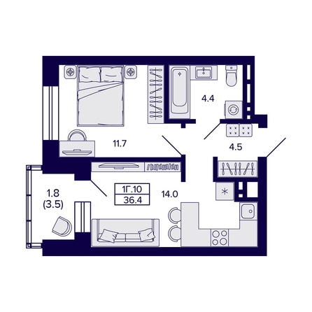 
  Продается 1-комн. квартира, 36.4 м², ЖК Сподвижники
. Фото 1.