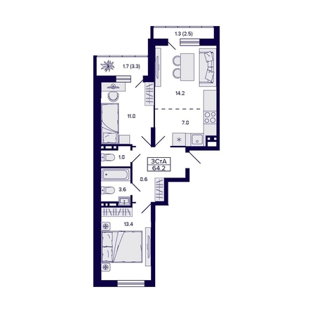 
  Продается 3-комн. квартира, 64.2 м², ЖК Gorizont (Горизонт)
. Фото 1.