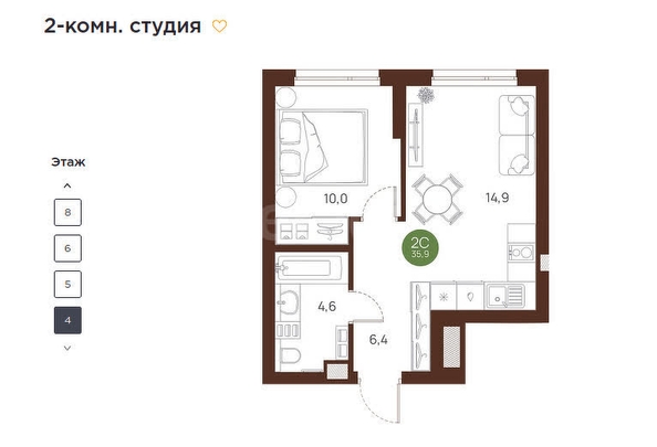 
  Продается 1-комн. квартира, 36 м², ЖК Ясный берег, дом Волна б/с 1-3 
. Фото 14.