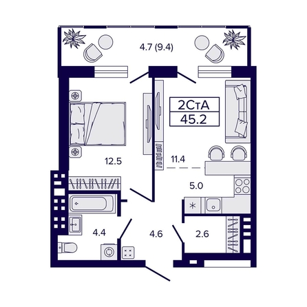 
  Продается 2-комн. квартира, 45.2 м², ЖК Luna (Луна)
. Фото 1.