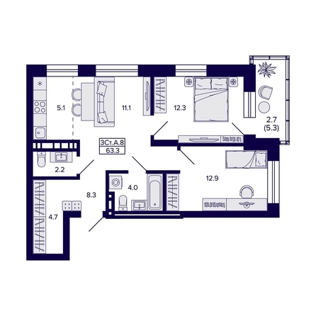 
  Продается 3-комн. квартира, 63.3 м², ЖК Сподвижники
. Фото 1.
