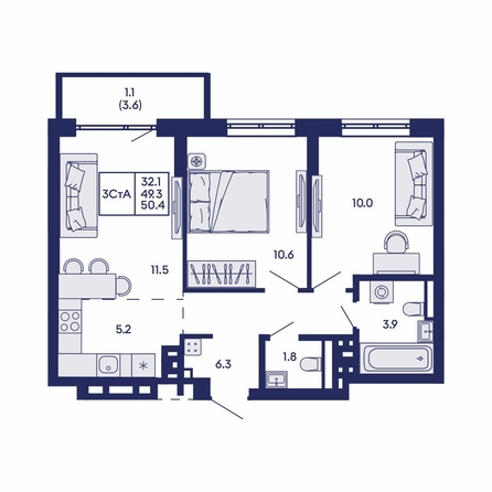 
  Продается 3-комн. квартира 50.4 м², в ЖК Горизонт, дом 2. Фото 2.
