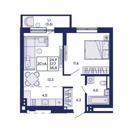 
  Продается 2-комн. квартира 38.8 м², в ЖК Горизонт, дом 2. Фото 1.