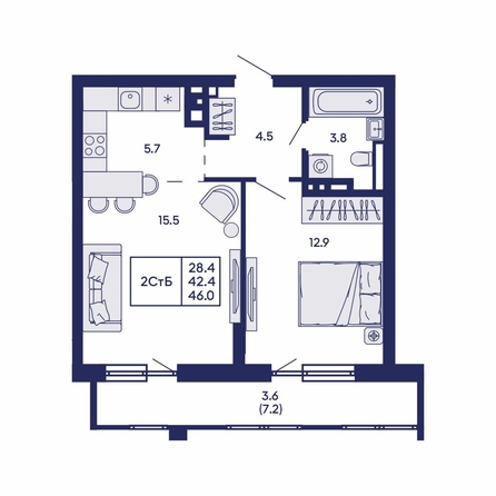 
  Продается 2-комн. квартира 42.1 м², в ЖК Горизонт, дом 2. Фото 2.