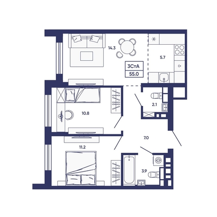 
  Продается 3-комн. квартира 55 м², в ЖК Сподвижники, дом 3. Фото 2.