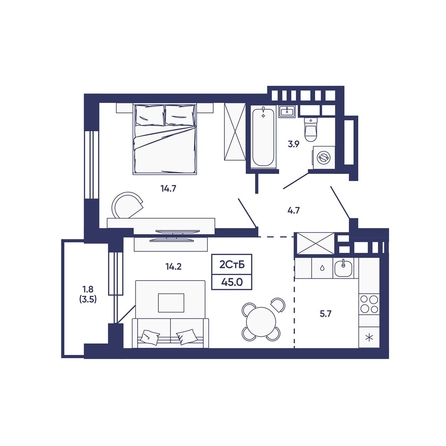 
  Продается 2-комн. квартира 45 м², в ЖК Сподвижники, дом 3. Фото 2.
