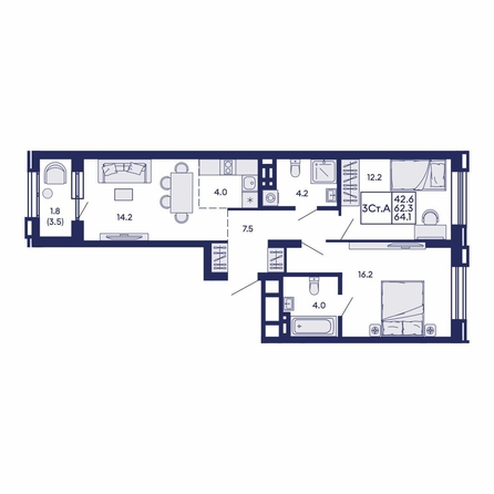 
  Продается 3-комн. квартира 64.1 м², в ЖК Сила леса, корп 2. Фото 1.