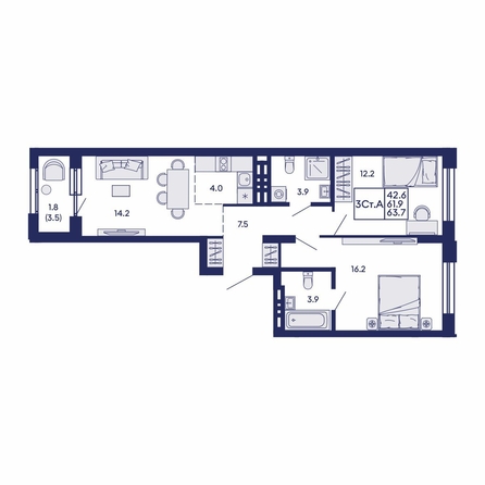 
  Продается 3-комн. квартира 63.7 м², в ЖК Сила леса, корп 2. Фото 2.