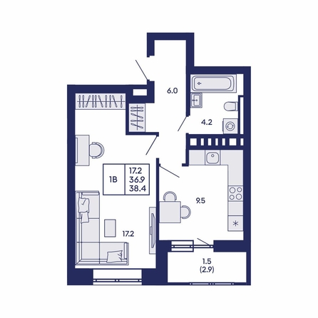 
  Продается 1-комн. квартира 38.4 м², в ЖК Горизонт, дом 2. Фото 2.