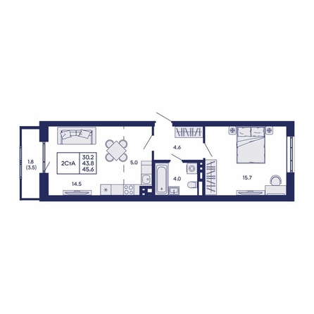 
  Продается 2-комн. квартира 45.6 м², в ЖК Горизонт, дом 2. Фото 2.