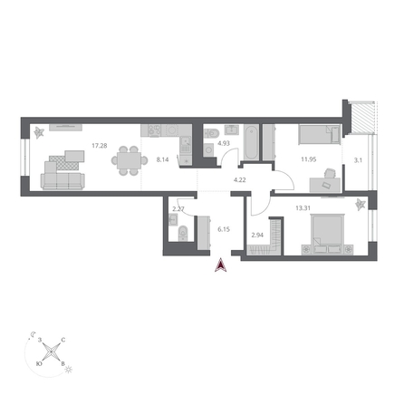 
  Продается 3-комн. квартира 74.74 м², в ЖК Беринг, дом 3. Фото 1.
