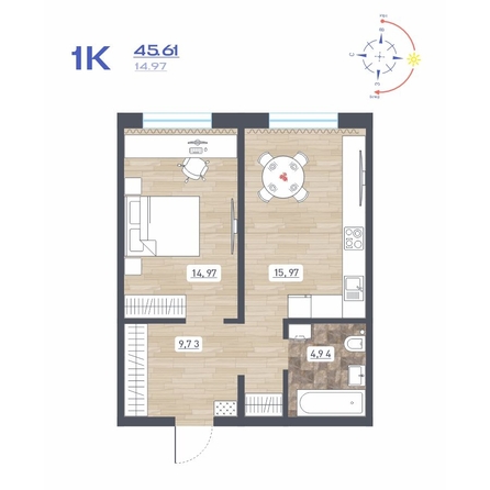 
  Продается 1-комн. квартира 45.61 м², в ЖК Радуга Сибири, дом 10. Фото 1.