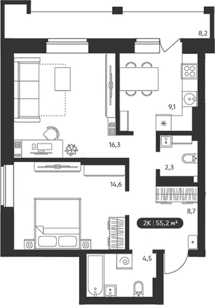 
  Продается 2-комн. квартира 55.2 м², в ЖК Черемушки на Приморской. Фото 1.