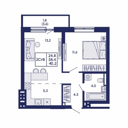 
  Продается 2-комн. квартира 40.2 м², в ЖК Горизонт, дом 2. Фото 1.