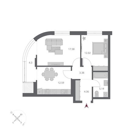 
  Продается 2-комн. квартира 59.64 м², в ЖК Беринг, дом 3. Фото 1.