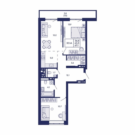 
  Продается 3-комн. квартира 67.1 м², в ЖК Горизонт, дом 2. Фото 1.