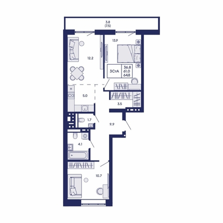 
  Продается 3-комн. квартира 64.8 м², в ЖК Горизонт, дом 2. Фото 1.