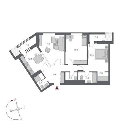 
  Продается 3-комн. квартира 95.6 м², в ЖК Беринг, дом 2. Фото 7.