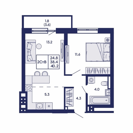 
  Продается 2-комн. квартира 40.2 м², в ЖК Горизонт, дом 2. Фото 1.