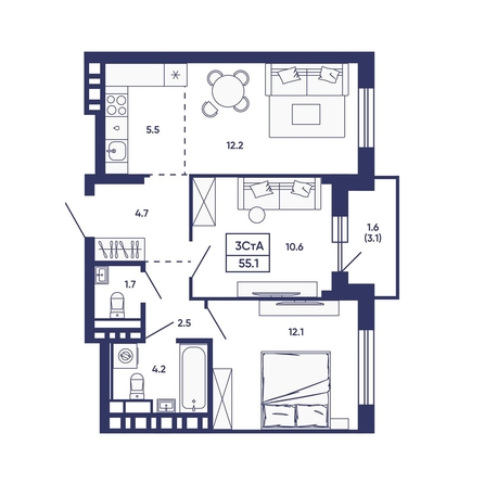 
  Продается 3-комн. квартира 55.1 м², в ЖК Сподвижники, дом 3. Фото 1.