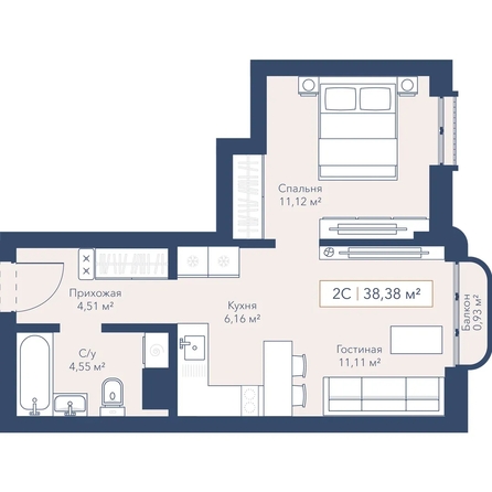 
  Продается 1-комн. квартира 38.38 м², в ЖК Виларт, дом 2. Фото 1.
