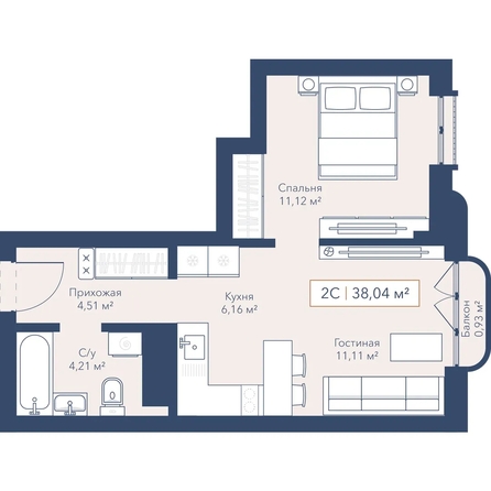 
  Продается 1-комн. квартира 38.04 м², в ЖК Виларт, дом 2. Фото 1.