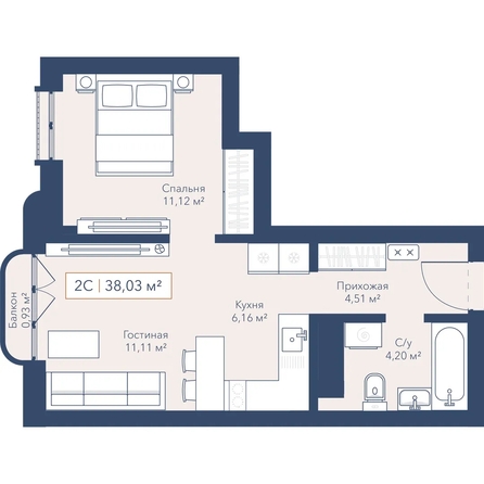 
  Продается 1-комн. квартира 38.03 м², в ЖК Виларт, дом 2. Фото 1.