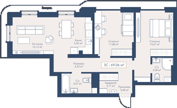 
  Продается 2-комн. квартира 69.08 м², в ЖК Виларт, дом 2. Фото 1.