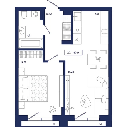 
  Продается 1-комн. квартира 46.91 м², в ЖК Юнити Центр. Фото 1.