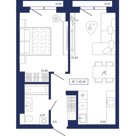 
  Продается 1-комн. квартира 45.46 м², в ЖК Юнити Центр. Фото 1.