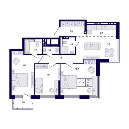 
  Продается 4-комн. квартира 87.6 м², в ЖК Цитатум. Фото 1.