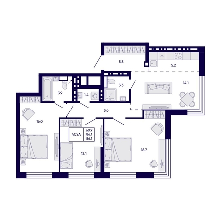 
  Продается 4-комн. квартира 86.1 м², в ЖК Цитатум. Фото 1.