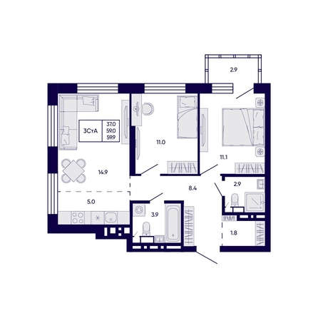 
  Продается 3-комн. квартира 59.9 м², в ЖК Цитатум. Фото 1.