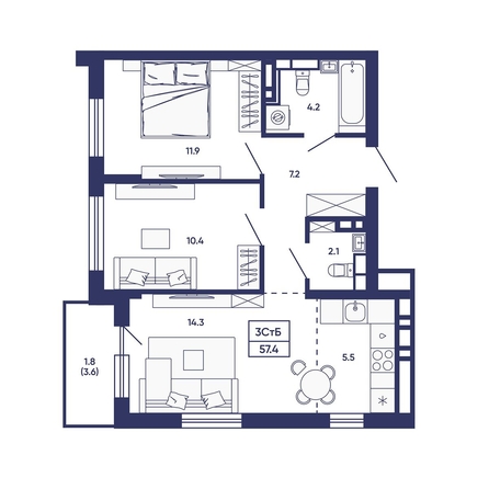 
  Продается 3-комн. квартира 57.4 м², в ЖК Сподвижники, дом 3. Фото 1.
