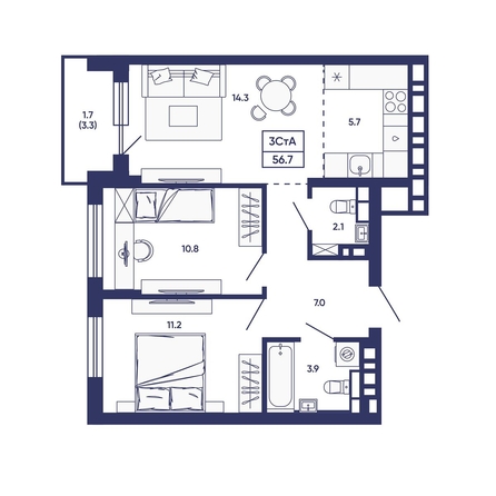 
  Продается 3-комн. квартира 56.7 м², в ЖК Сподвижники, дом 3. Фото 1.