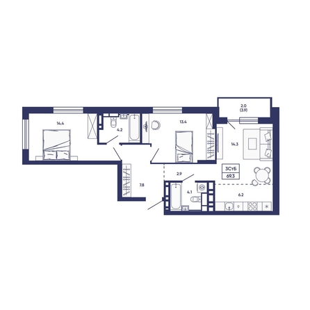 
  Продается 3-комн. квартира 69.3 м², в ЖК Сподвижники, дом 3. Фото 1.
