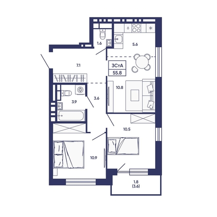 
  Продается 3-комн. квартира 55.8 м², в ЖК Сподвижники, дом 3. Фото 1.