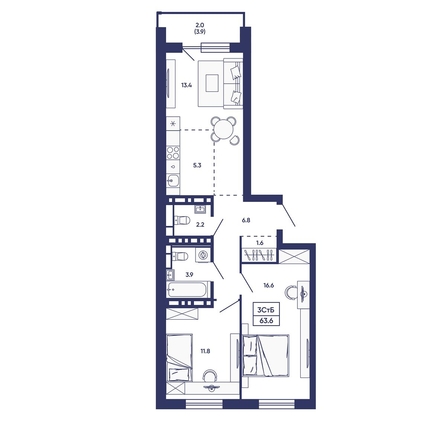 
  Продается 3-комн. квартира 63.6 м², в ЖК Сподвижники, дом 3. Фото 1.