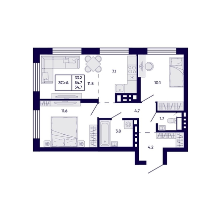 
  Продается 3-комн. квартира 54.7 м², в ЖК Цитатум. Фото 1.