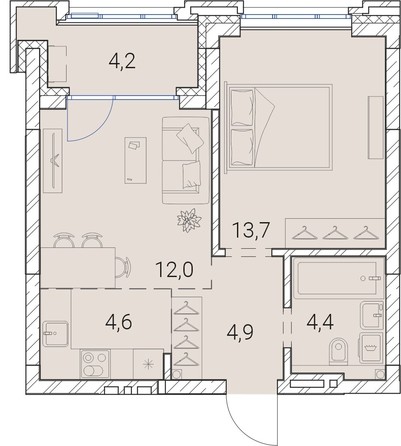 
   Продам 1-комнатную, 43.8 м², Тайм Сквер

. Фото 2.