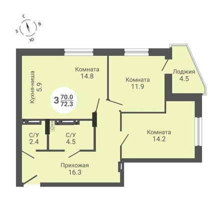 
   Продам 3-комнатную, 72.3 м², На Петухова, дом 1

. Фото 1.