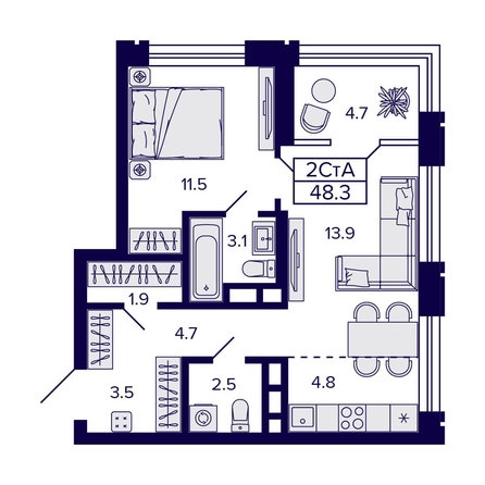 
   Продам 2-комнатную, 48.3 м², Citatum (Цитатум)

. Фото 2.