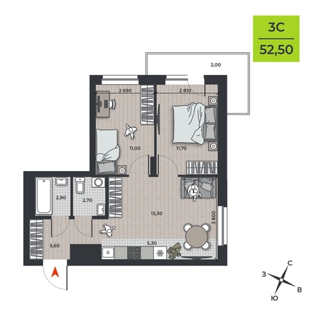 
   Продам 3-комнатную, 52.5 м², ДНК

. Фото 2.