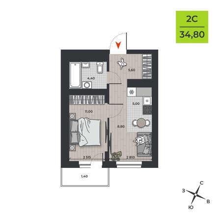 
   Продам 2-комнатную, 34.8 м², ДНК

. Фото 1.