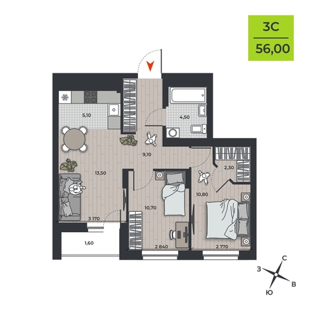 
  Продается 3-комн. квартира 56 м², в ЖК ДНК. Фото 1.