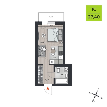 
  Продается студия, 27.4 м², ЖК ДНК
. Фото 2.