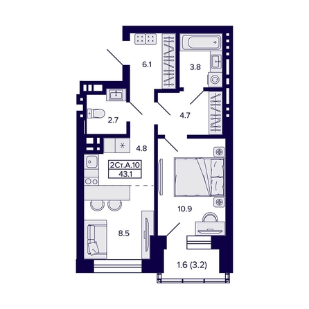 
  Продается 2-комн. квартира, 43.1 м², ЖК Сподвижники
. Фото 1.