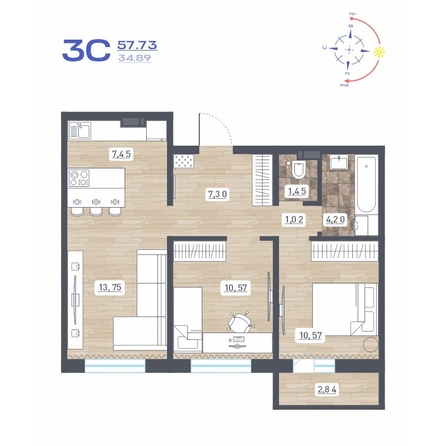 
  Продается 3-комн. квартира 57.73 м², в ЖК Радуга Сибири, дом 10. Фото 1.