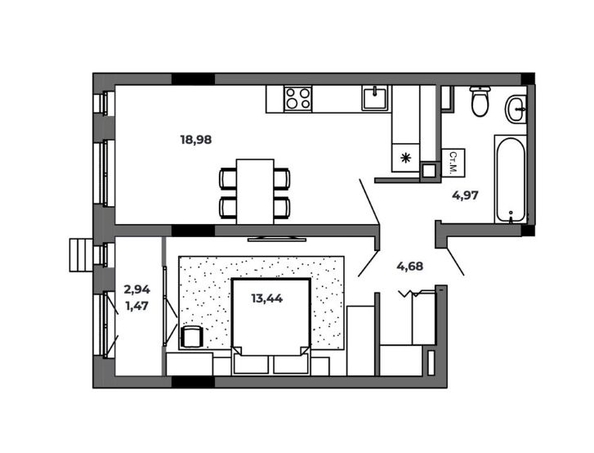 
   Продам 1-комнатную, 43.54 м², Красный Пахарь

. Фото 2.